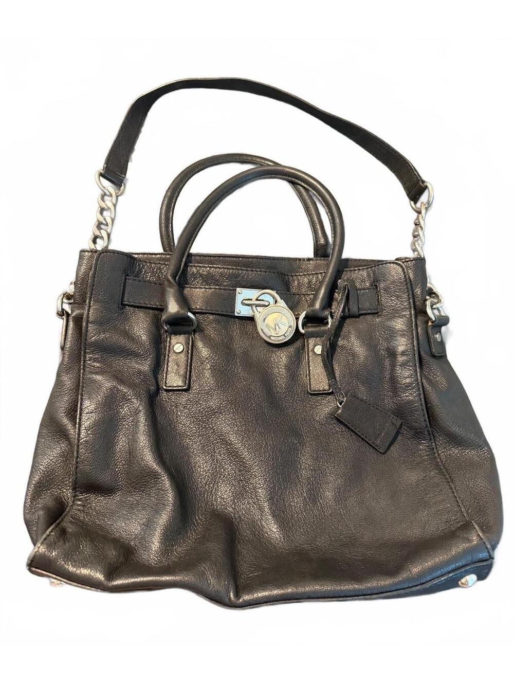 Michael Kors Large Black Pebbled Leather Satchel Shoulder Bag Lock Charm